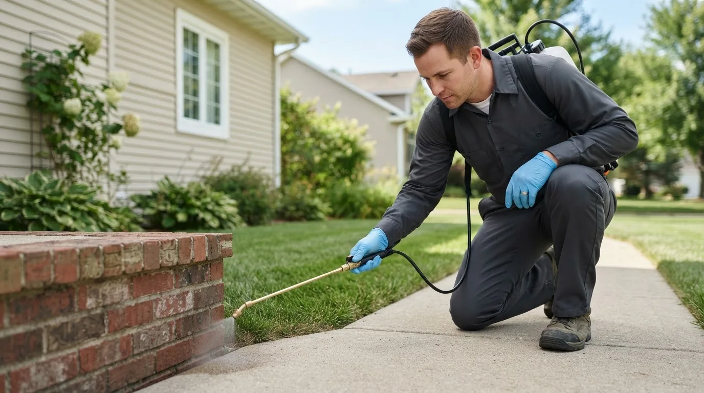 Pest control technician treating a home near Corinna, ME