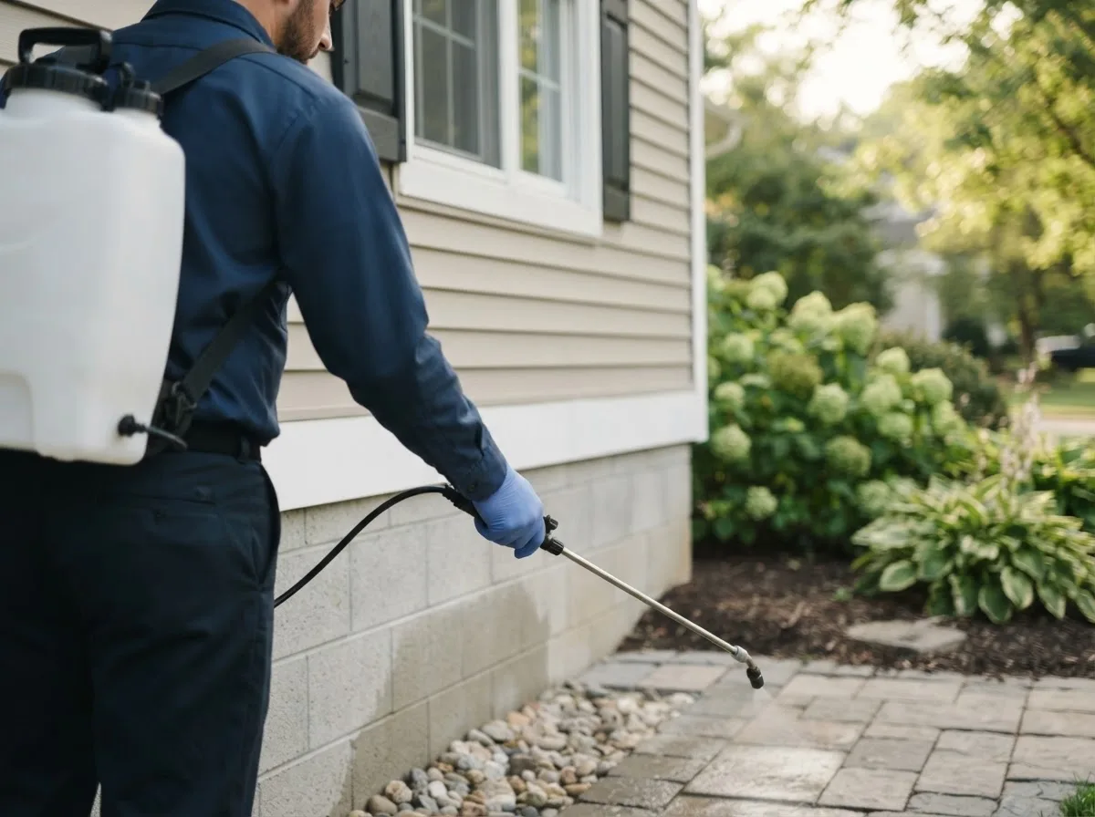 Pest control technician inspecting a home in Corinna, ME